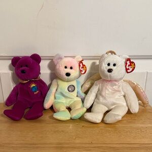 Ty Beanie Baby Plush Bears - Purple, Pastel Rainbow, White